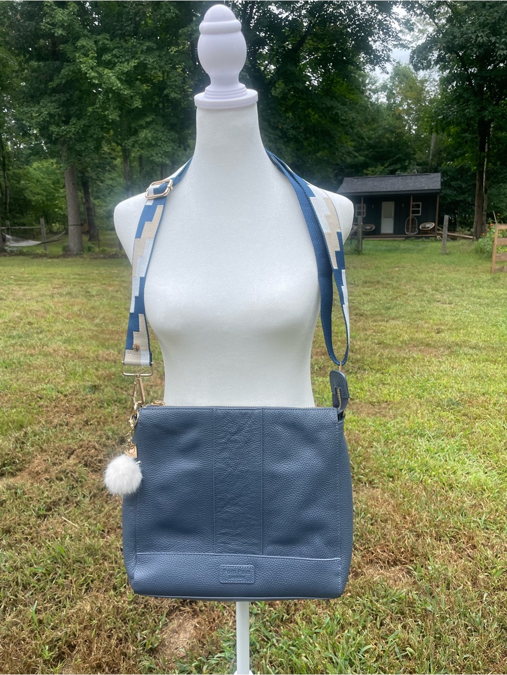 Pom Pom London Navy Leather Crossbody Bag with Geometric Strap